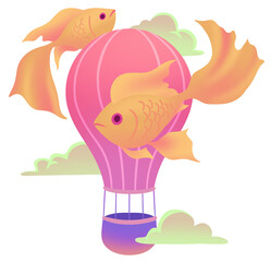 Whimsical Hot Air Balloon Pink and Purple With Goldfish Flying Amongst Pastel Clouds And Transparent Background