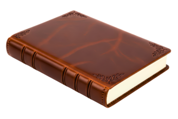 Old-style brown leather book with an embossed decorative cover on a transparent background