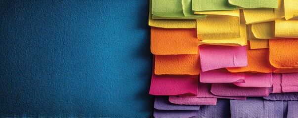 Colorful layered paper rectangles against vibrant blue textured background