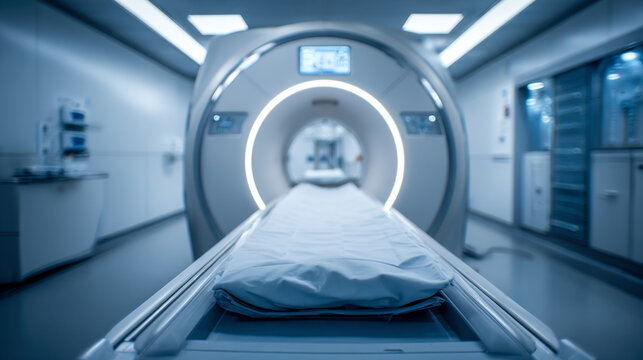 Modern empty magnetic resonance imaging machine with illuminated circular design in a bright hospital room ready for patient scanning procedures