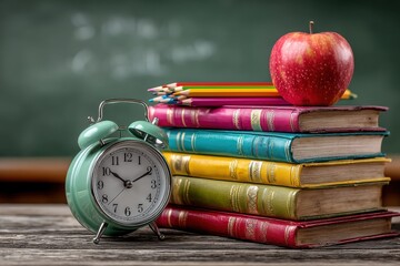 Stack of books with an apple and clock on a wooden desk
