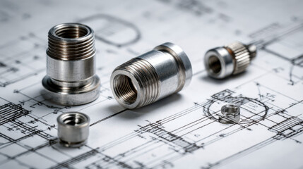Various precision machined metal components placed on detailed technical engineering blueprints with mechanical drawings and measurements visible around them