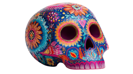 Day of the Dead decorative skull mask with bright colors, Transparent background, PNG file