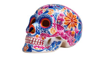 Day of the Dead decorative skull mask with bright colors, Transparent background, PNG file