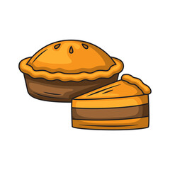 Whole Pumpkin Pie and One Slice on Transparent Background Warm Golden Brown Crust with Detailed Filling and Decorative Pie Top