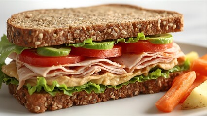 A realistic image of a healthy turkey sandwich made with whole grain bread, lean sliced turkey breast, lettuce, tomato slices, avocado, and a light spread of mustard or hummus.