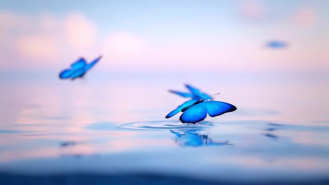 Vibrant blue butterflies resting and flying over a calm reflective water surface at sunset.