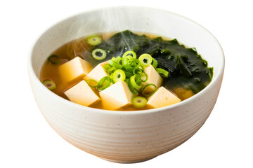 Bowl of hot steaming miso soup with tofu, seaweed, and scallions on a transparent background