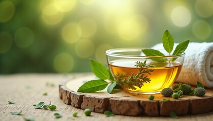 Ayurvedic herbal tea, glass bowl with herbal infusion, fresh green leaves and towel on wooden slice, bokeh spa background, copy space