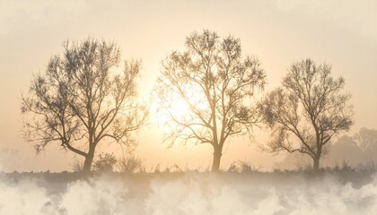 Fototapeta premium Subtle sunlight filtering through foggy forest branches, neutral winter palette, calm and elegant nature illustration for background or product design.