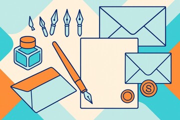 Stationery set with ink bottle, envelopes, nibs, and pen on colorful geometric background, illustrating communication and creativity concept. Ai generative