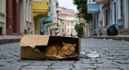 A ginger cat sleeps peacefully inside a cardboard box on a cobblestone street with colorful buildings