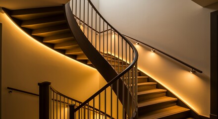 A spiral staircase with a lighted railing