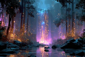 Naklejka premium Mystical waterfall cascading upward with glowing droplets and ethereal mist