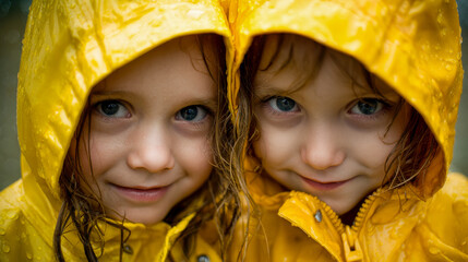 Two young children wearing bright yellow raincoats with hoods up and wet hair smiling closely together on a rainy day outdoors with water droplets on their jackets