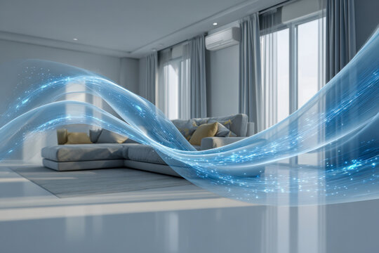 Modern living room with digital blue wave representation symbolizing clean energy flow and air purification in a bright and spacious interior setting