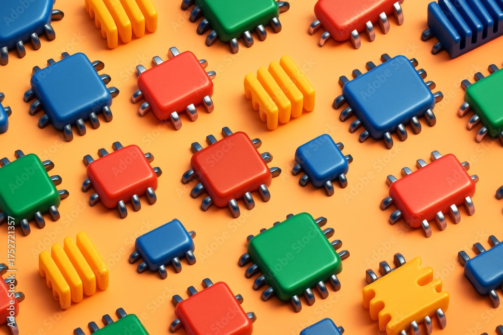 Wall mural colorful abstract computer chip shapes arranged in seamless pattern on light orange background with 