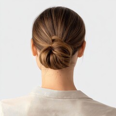 This image shows an elegant low bun hairstyle, which gives a sophisticated and polished appearance to the person.