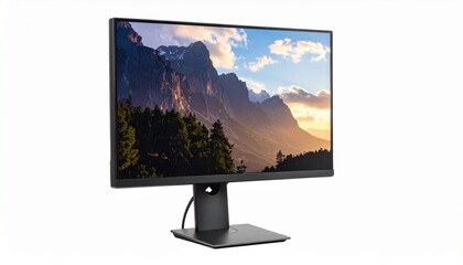 Describe a modern desktop monitor with a blank white screen, black bezel, and silver stand on a flat surface. Highlight its minimalist design and relevance to office setups or digital environments.