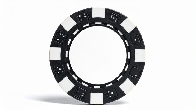 Describe a black and white poker chip with alternating edge segments featuring dice-like dot patterns. Highlight its blank white center and classic design for casino or gaming-themed visuals.