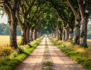 Tree-lined country road with majestic canopy creating natural tunnel through rural landscape in golden sunlight