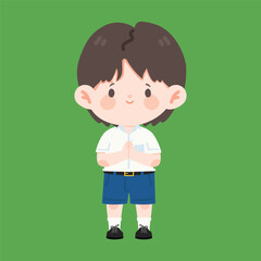 Cartoon Illustration of Thai Student Greeting