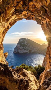 View of sea and island framed by a rocky cave opening at sunset