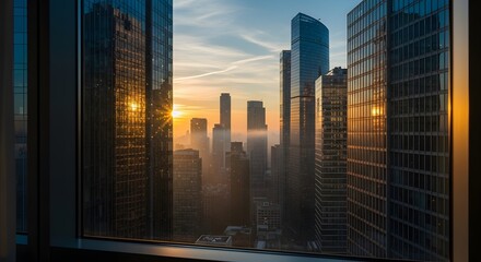 city at sunset - Beautiful urban sunset viewed through high-rise windows, reflecting golden light across the modern city skyline.