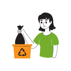 Woman With Dark Hair And Green TShirt Disposing Black Trash Bag Into Orange Recycling Bin With Recycling Symbol Isolated On Transparent Background