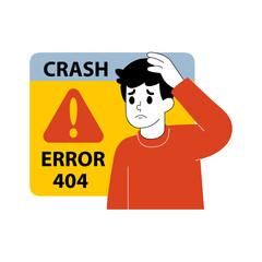 Worried Man Stands Near Yellow and Blue Error 404 Crash Sign Isolated on Transparent Background Expressing Concern and Frustration Over Technical Glitch or Website Problem