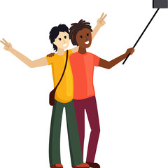 Two smiling friends taking a selfie with a selfie stick in pixel art style with transparent background showing peace signs and casual outfits