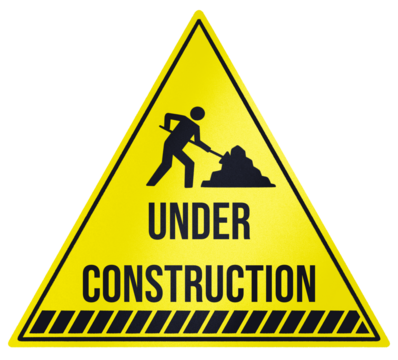 Yellow Under Construction Warning Sign with Silhouette of Worker Digging in Pile of Dirt Against Transparent Background