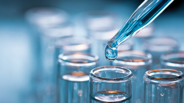 Scientific research with liquid droplet being carefully added into transparent glass test tubes prepared for laboratory experiments in healthcare analysis
