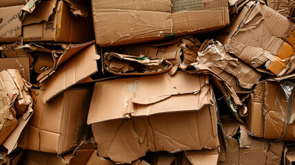 Large, messy pile of crushed, brown cardboard boxes and recycled packaging materials, filling the frame for sustainability