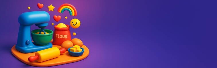 Colorful baking utensils and ingredients with happy cartoon elements on vibrant purple background for lifestyle or food-themed banner or poster. Ai generative