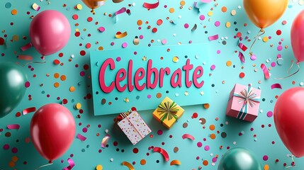 Vibrant Celebration Scene with Balloons, Confetti, and Gifts on a Teal Background.