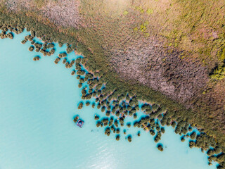 Lake Balaton in Hungary. Beach textures with boats with reeds and piers, aerial view