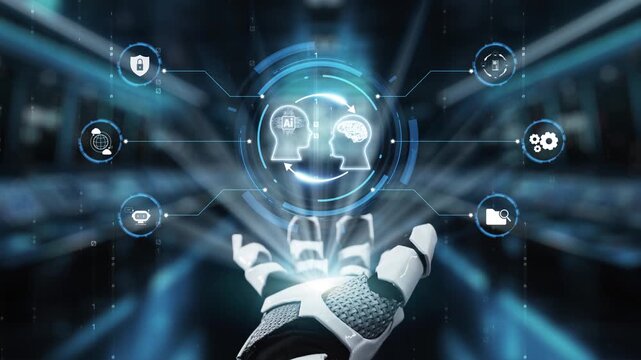 A close-up view of a robotic hand reaching towards a digital interface, showcasing interconnected icons symbolizing artificial intelligence, technology innovation, and cognitive interaction. Auvana - Powered by Adobe