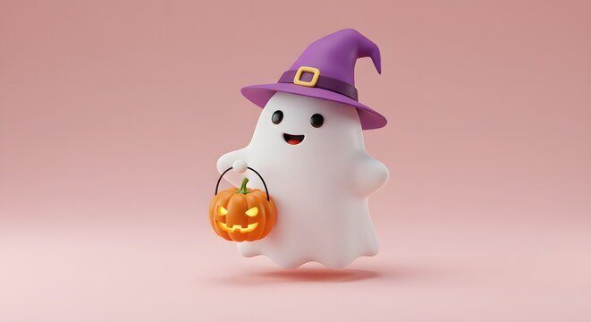 A cute, cartoon ghost wearing a purple witch hat, holding a lit jack-o'-lantern - Powered by Adobe