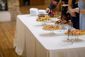 Elegant buffet table elegantly arranged with delicious appetizers and desserts for a celebratory event gathering guests enjoying a festive party occasion