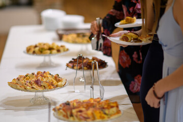 Elegant Buffet Spread Guests Selecting Delicious Appetizers and Finger Foods from a Long Table at a Formal Event or Celebration