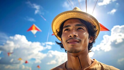 A man with a straw hat gazes upwards at kites flying in a bright, sunny sky