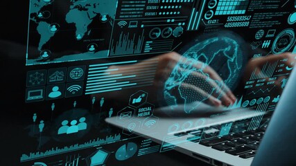 Explore a high-tech communication scene showcasing digital analytics, global networking, and user interaction with a laptop, emphasizing modern data visualization techniques. Cipher - Powered by Adobe