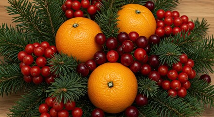 Festive holiday arrangement with vibrant oranges, red berries, and fresh evergreen branches perfect for seasonal decor and celebrations