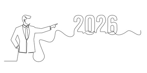 continuous line of formally dressed men pointing towards the number 2026.future vision, strategic planning, and direction towards the new year.single line vector illustration
