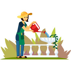 Woman Gardener in Yellow Hat and Green Apron Watering Plants with Red Watering Can Near White Balustrade and Fountain