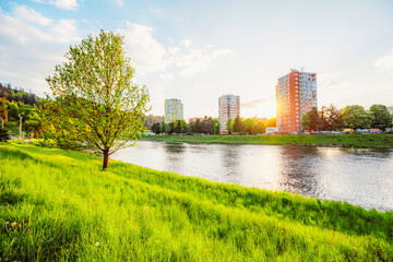 Fototapeta premium Wooden bridge with river in Dolny Kubin in orava region in summer