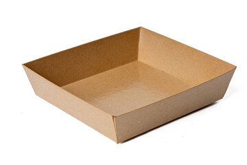 High-resolution photograph of a paper brown food box isolate on white, taken with a high-resolution 45MP camera