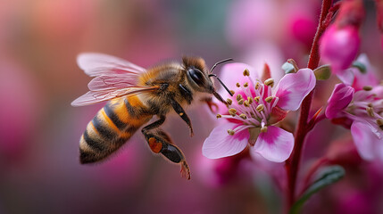 A bee collecting pollen from a pink flower in a vibrant garden setting