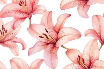 Watercolor style seamless pattern of lilies, isolate on a white background.